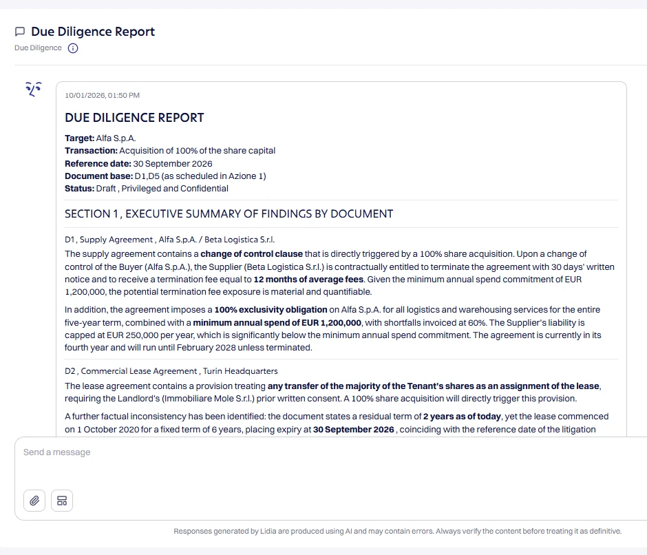 A due diligence report generated by a Lidia workflow for a share acquisition, summarising findings across five documents